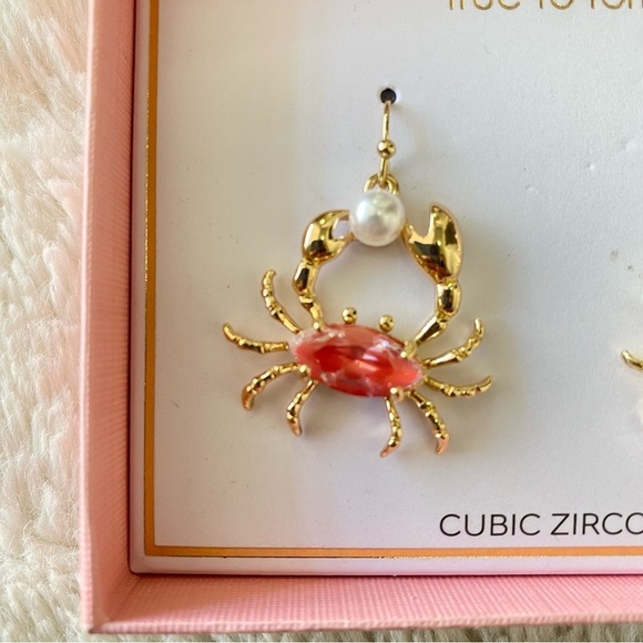 Whimsical Gold and Coral Pink Crab Pearl Cubic Zirconia Earrings - Picture 4 of 10